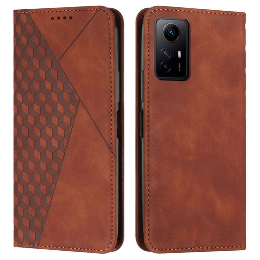 Uniqkart for Xiaomi Redmi Note 12S 4G Imprinted Rhombus Leather Case Phone Stand Wallet Shockproof Cover - Brown