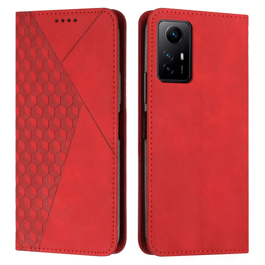 Uniqkart for Xiaomi Redmi Note 12S 4G Imprinted Rhombus Leather Case Phone Stand Wallet Shockproof Cover - Red