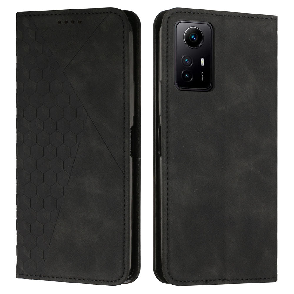 Uniqkart for Xiaomi Redmi Note 12S 4G Imprinted Rhombus Leather Case Phone Stand Wallet Shockproof Cover - Black
