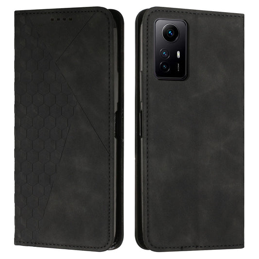 Uniqkart for Xiaomi Redmi Note 12S 4G Imprinted Rhombus Leather Case Phone Stand Wallet Shockproof Cover - Black