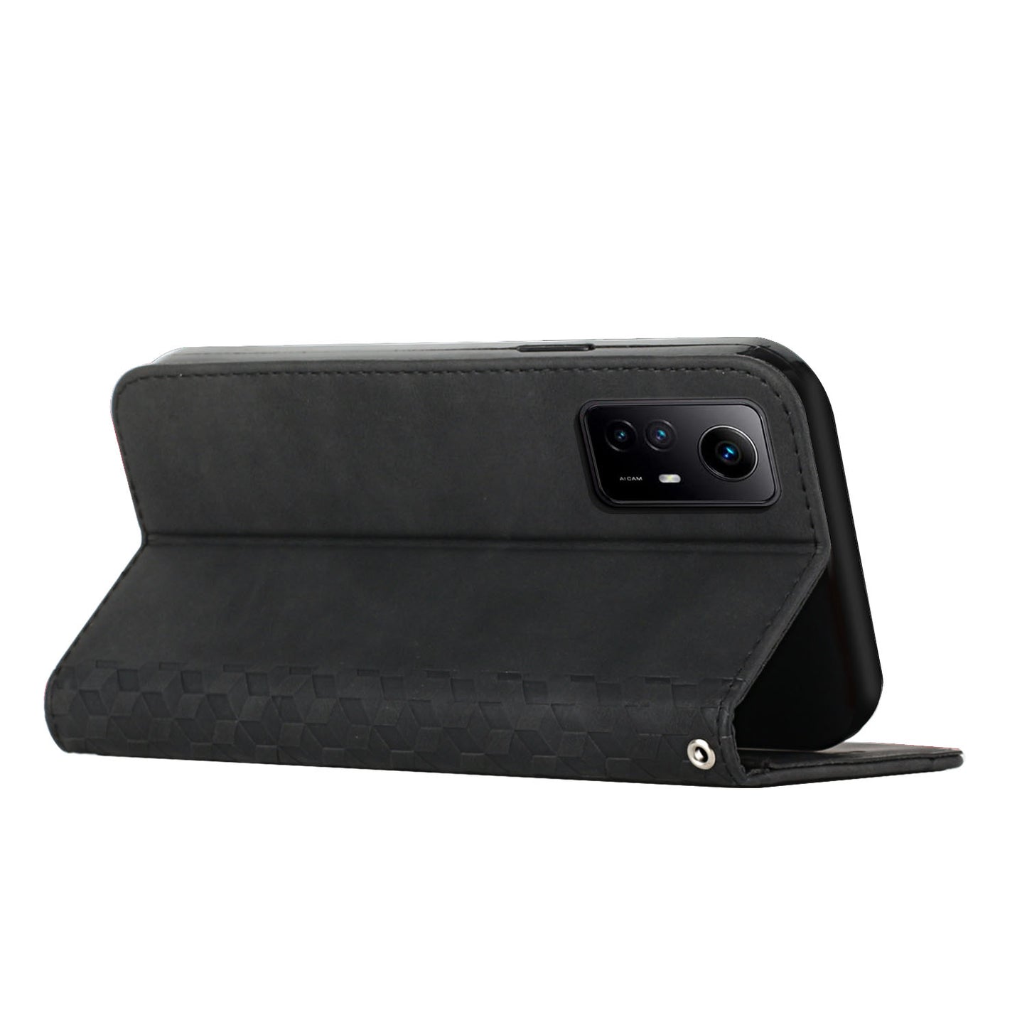 Uniqkart for Xiaomi Redmi Note 12S 4G Imprinted Rhombus Leather Case Phone Stand Wallet Shockproof Cover - Black