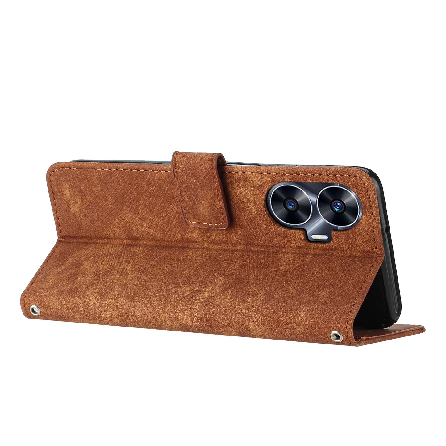 Leather Case for Realme C55 Lines Imprinted Viewing Stand Wallet Phone Cover with Shoulder Strap - Brown