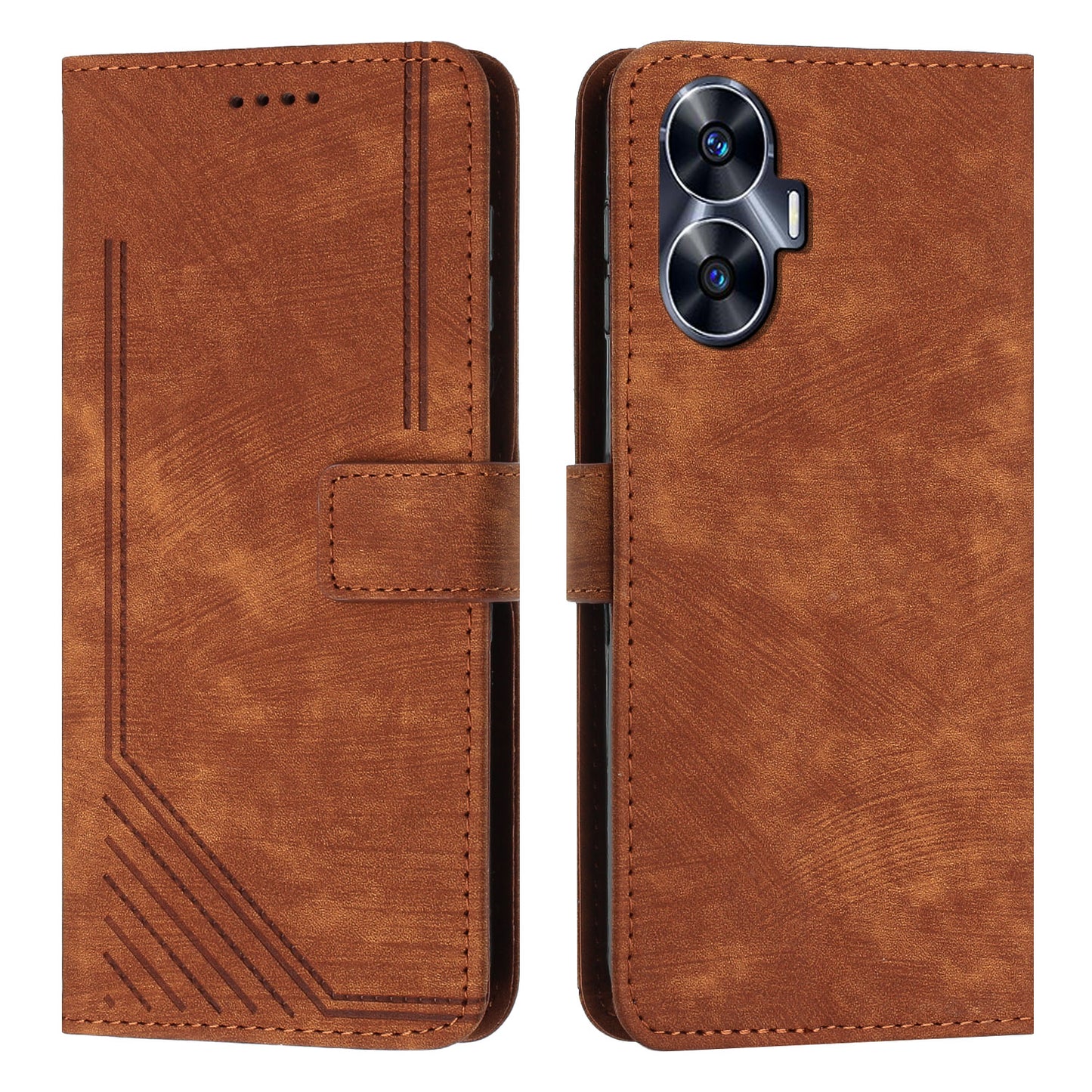 Leather Case for Realme C55 Lines Imprinted Viewing Stand Wallet Phone Cover with Shoulder Strap - Brown