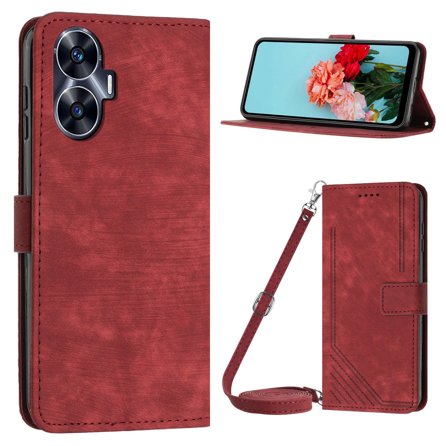 Leather Case for Realme C55 Lines Imprinted Viewing Stand Wallet Phone Cover with Shoulder Strap - Red