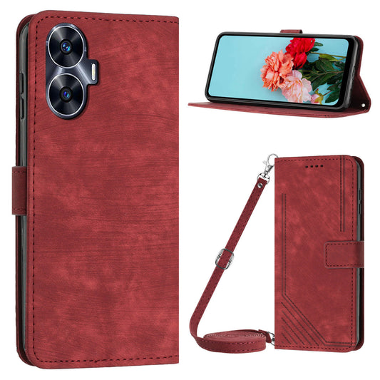 Leather Case for Realme C55 Lines Imprinted Viewing Stand Wallet Phone Cover with Shoulder Strap - Red