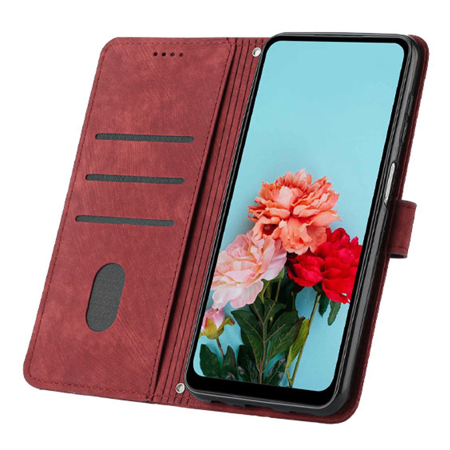 Leather Case for Realme C55 Lines Imprinted Viewing Stand Wallet Phone Cover with Shoulder Strap - Red