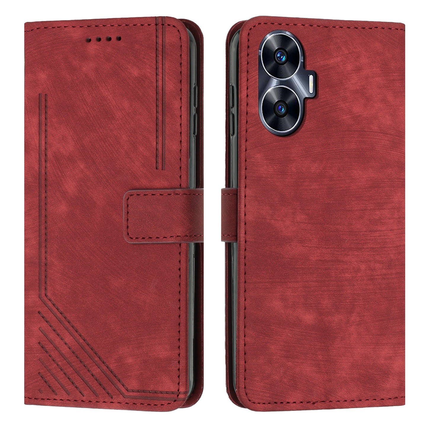 Leather Case for Realme C55 Lines Imprinted Viewing Stand Wallet Phone Cover with Shoulder Strap - Red