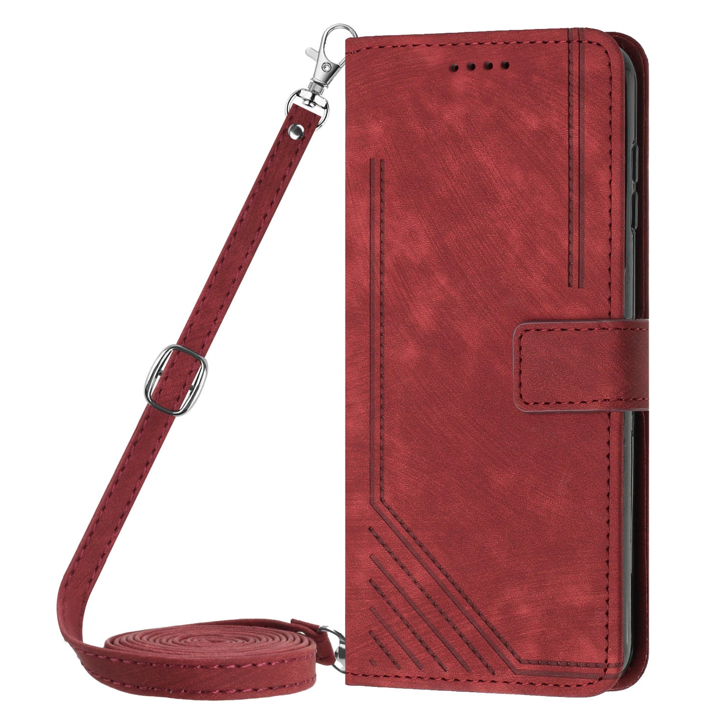 Leather Case for Realme C55 Lines Imprinted Viewing Stand Wallet Phone Cover with Shoulder Strap - Red