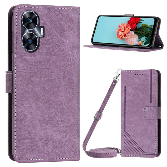 Leather Case for Realme C55 Lines Imprinted Viewing Stand Wallet Phone Cover with Shoulder Strap - Purple