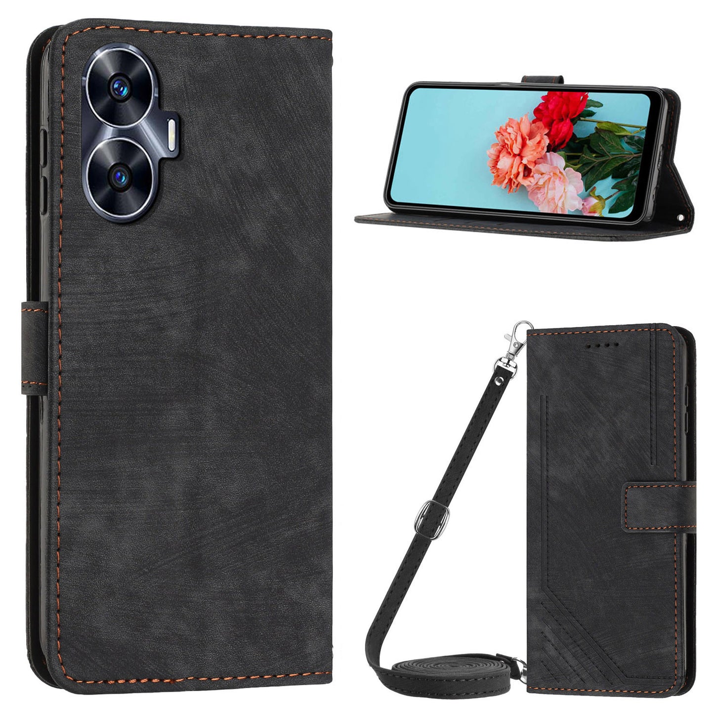 Leather Case for Realme C55 Lines Imprinted Viewing Stand Wallet Phone Cover with Shoulder Strap - Black