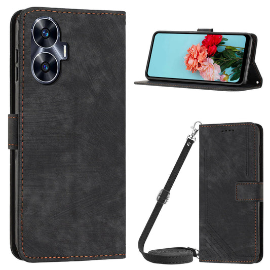 Leather Case for Realme C55 Lines Imprinted Viewing Stand Wallet Phone Cover with Shoulder Strap - Black