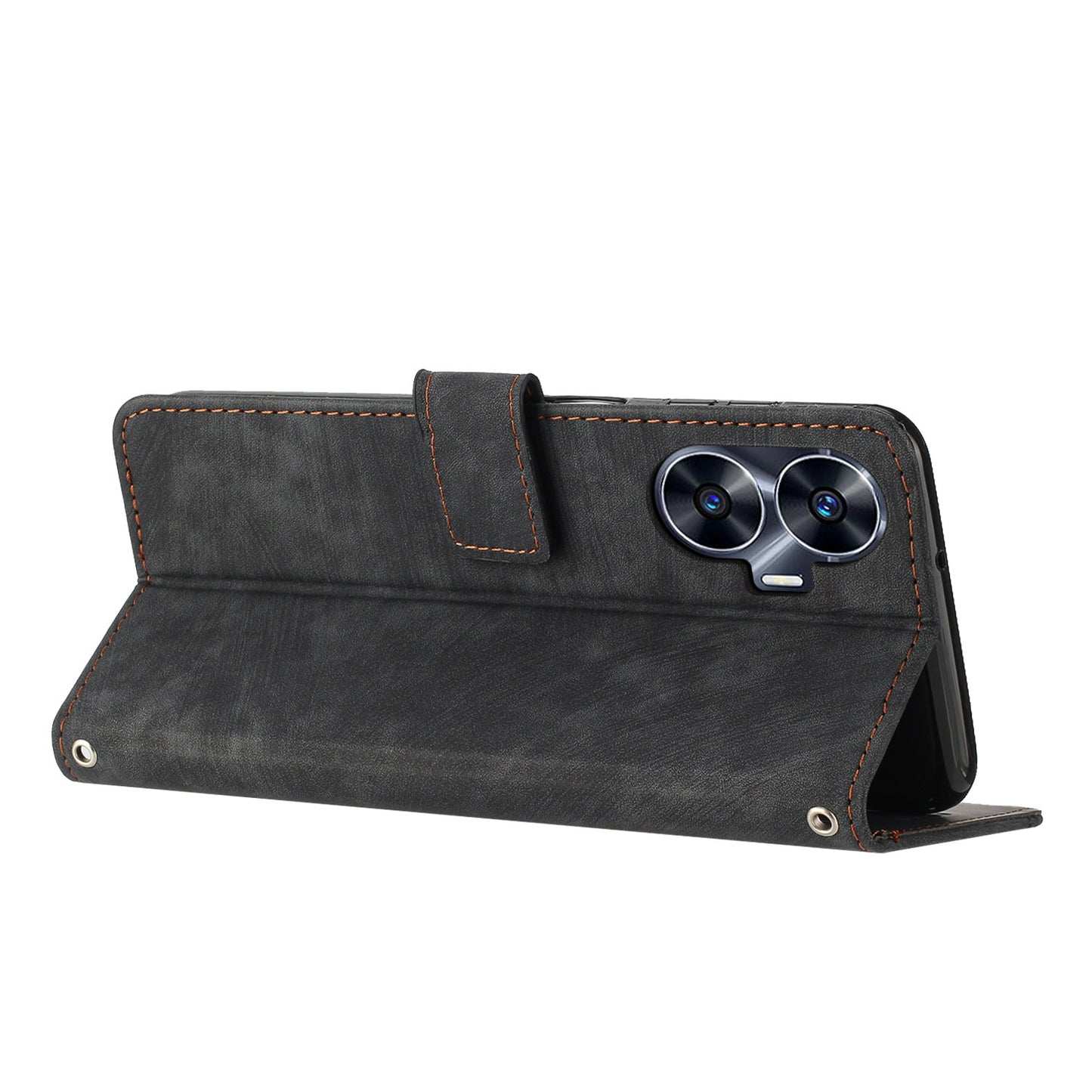 Leather Case for Realme C55 Lines Imprinted Viewing Stand Wallet Phone Cover with Shoulder Strap - Black