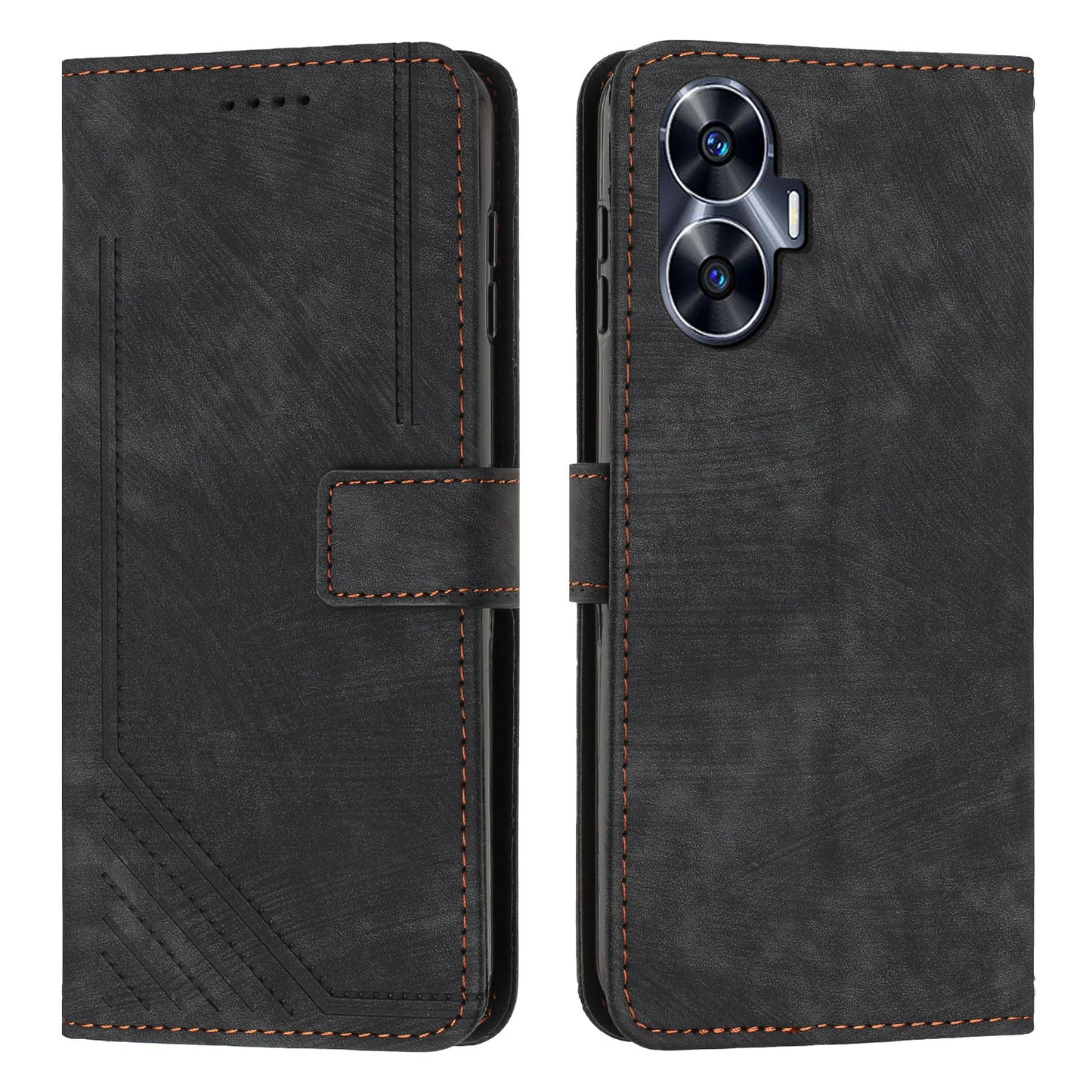 Leather Case for Realme C55 Lines Imprinted Viewing Stand Wallet Phone Cover with Shoulder Strap - Black