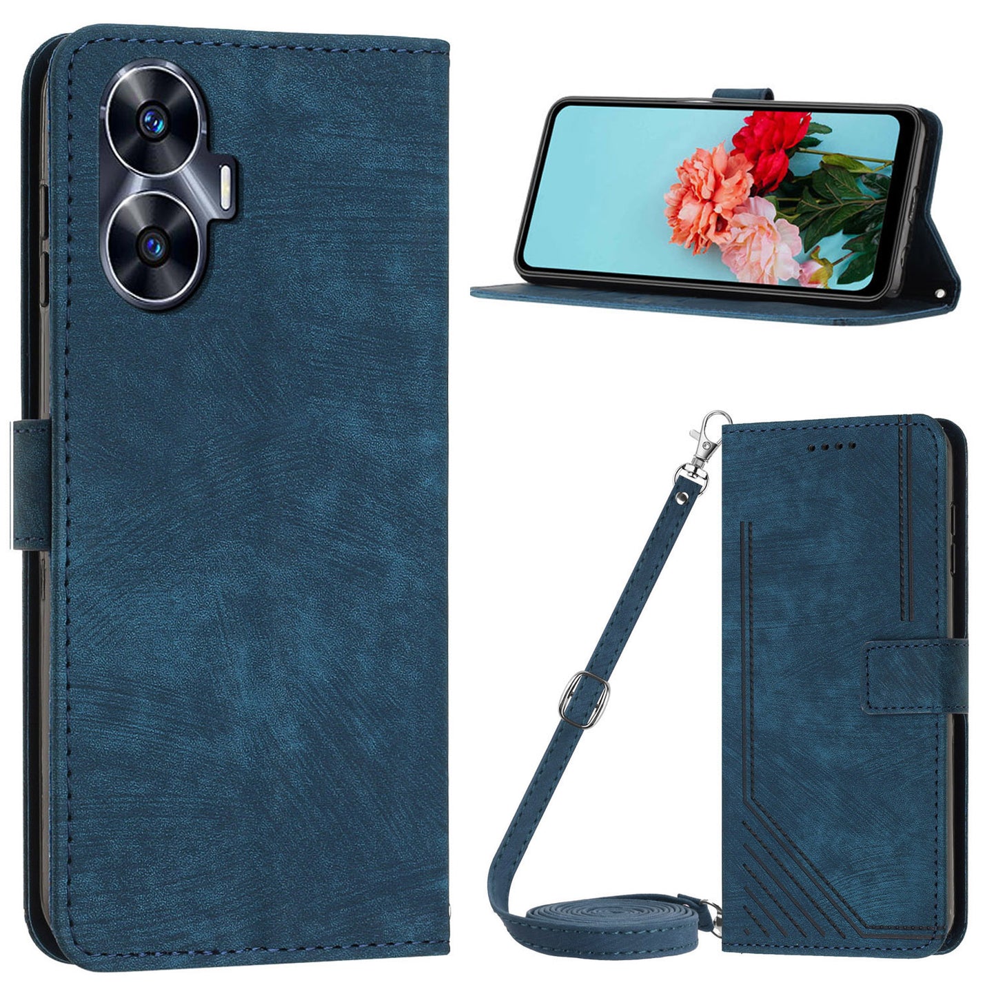 Leather Case for Realme C55 Lines Imprinted Viewing Stand Wallet Phone Cover with Shoulder Strap - Sapphire