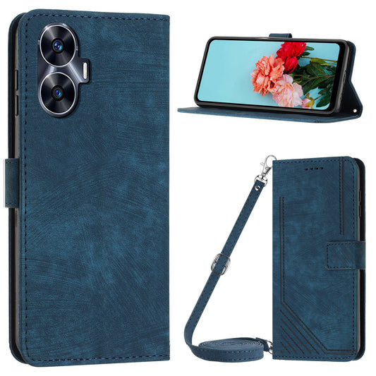 Leather Case for Realme C55 Lines Imprinted Viewing Stand Wallet Phone Cover with Shoulder Strap - Sapphire