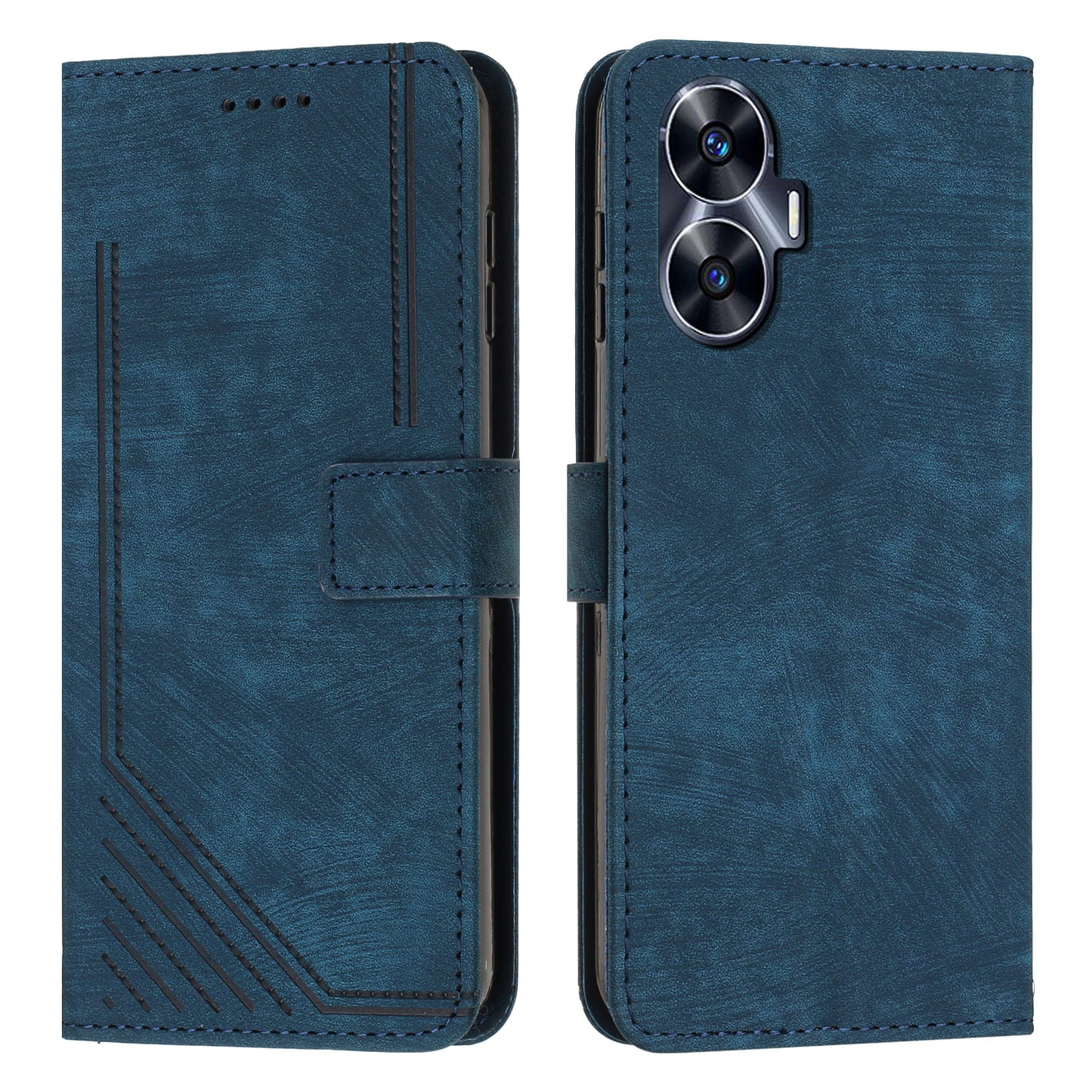 Leather Case for Realme C55 Lines Imprinted Viewing Stand Wallet Phone Cover with Shoulder Strap - Sapphire
