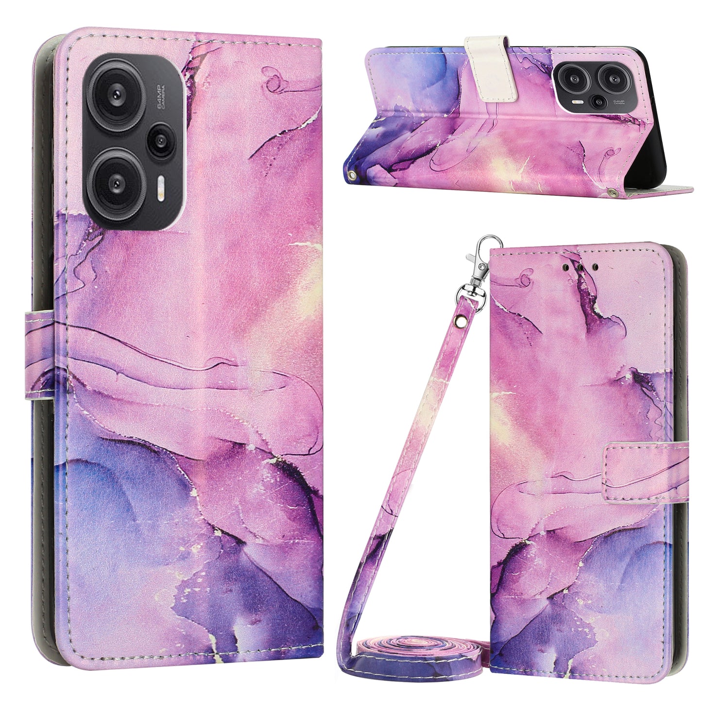 PU Leather Case for Xiaomi Redmi Note 12 Turbo / Poco F5 5G , Marble Pattern Stand Wallet Phone Cover with Shoulder Strap - Purple