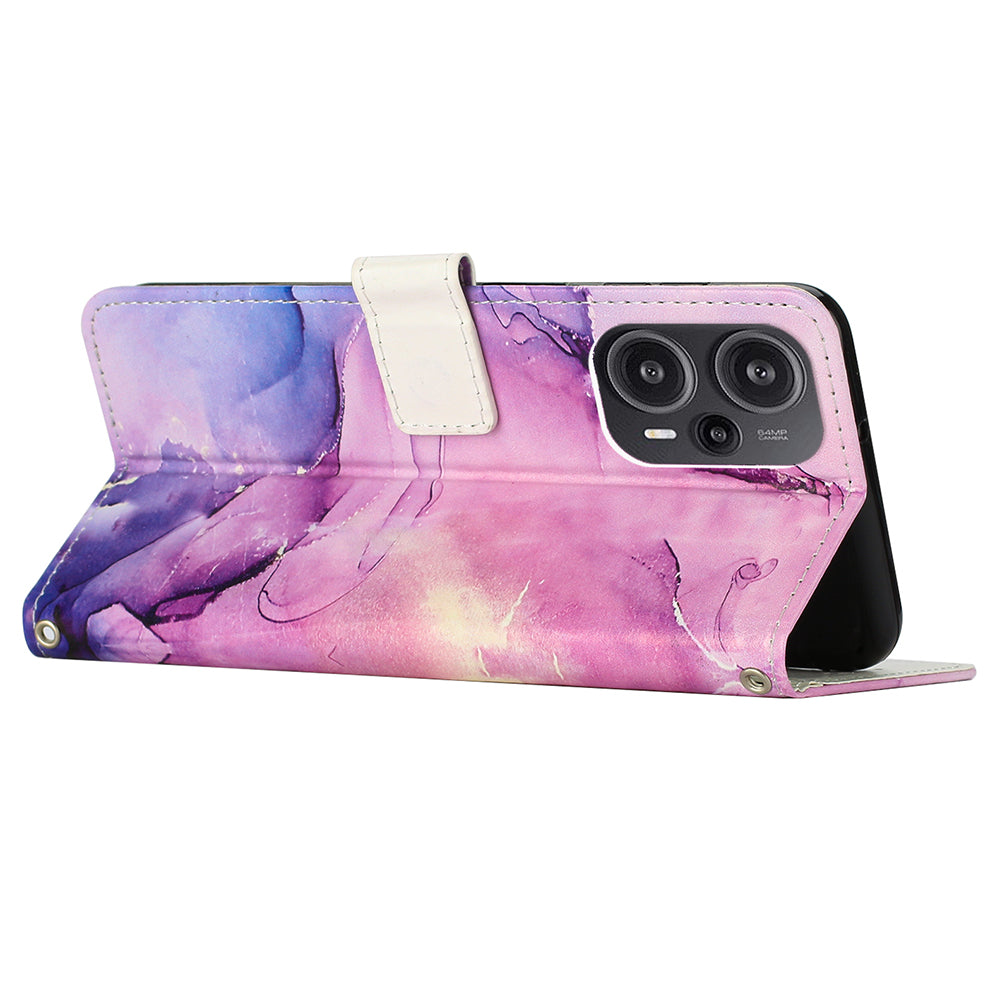 PU Leather Case for Xiaomi Redmi Note 12 Turbo / Poco F5 5G , Marble Pattern Stand Wallet Phone Cover with Shoulder Strap - Purple