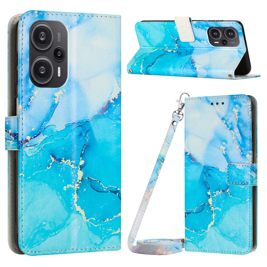 PU Leather Case for Xiaomi Redmi Note 12 Turbo / Poco F5 5G , Marble Pattern Stand Wallet Phone Cover with Shoulder Strap - Blue / Green
