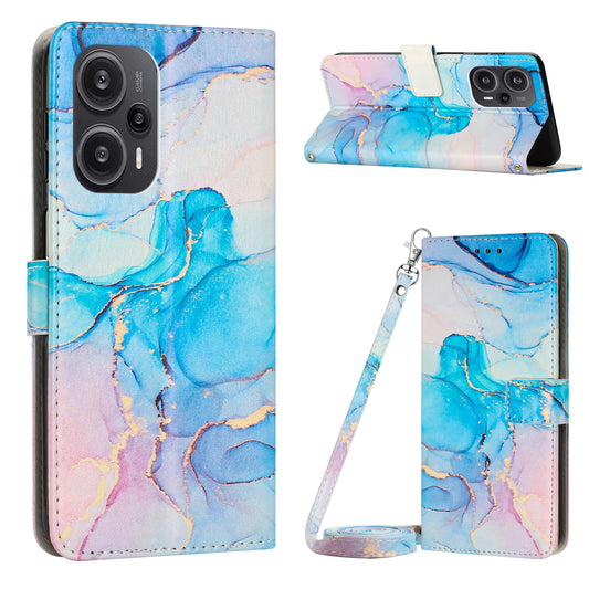 PU Leather Case for Xiaomi Redmi Note 12 Turbo / Poco F5 5G , Marble Pattern Stand Wallet Phone Cover with Shoulder Strap - Pink / Green
