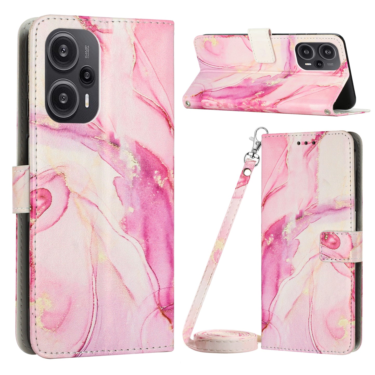 PU Leather Case for Xiaomi Redmi Note 12 Turbo / Poco F5 5G , Marble Pattern Stand Wallet Phone Cover with Shoulder Strap - Rose Gold