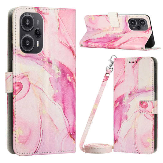 PU Leather Case for Xiaomi Redmi Note 12 Turbo / Poco F5 5G , Marble Pattern Stand Wallet Phone Cover with Shoulder Strap - Rose Gold