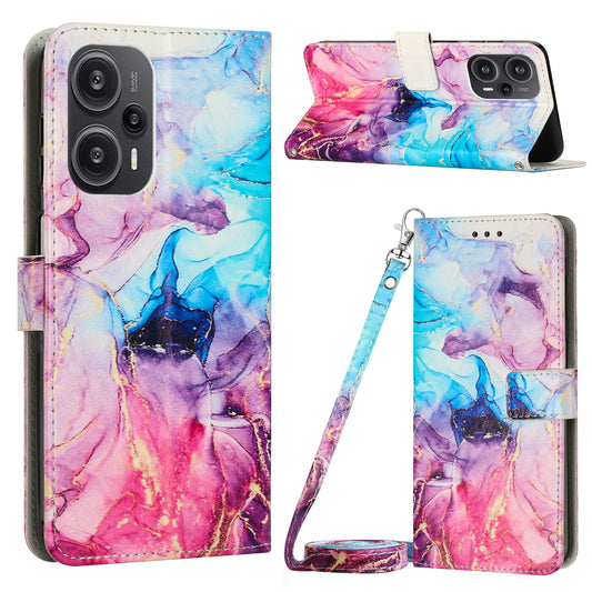 PU Leather Case for Xiaomi Redmi Note 12 Turbo / Poco F5 5G , Marble Pattern Stand Wallet Phone Cover with Shoulder Strap - Pink / Purple