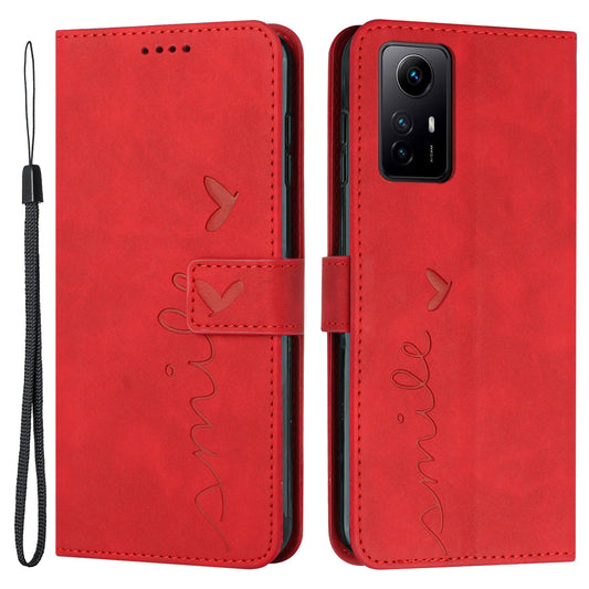 Uniqkart for Xiaomi Redmi Note 12S 4G Leather Phone Case Stand Imprinted Heart Wallet Skin-touch Cover - Red