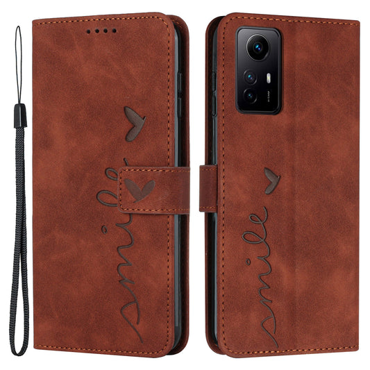 Uniqkart for Xiaomi Redmi Note 12S 4G Leather Phone Case Stand Imprinted Heart Wallet Skin-touch Cover - Brown