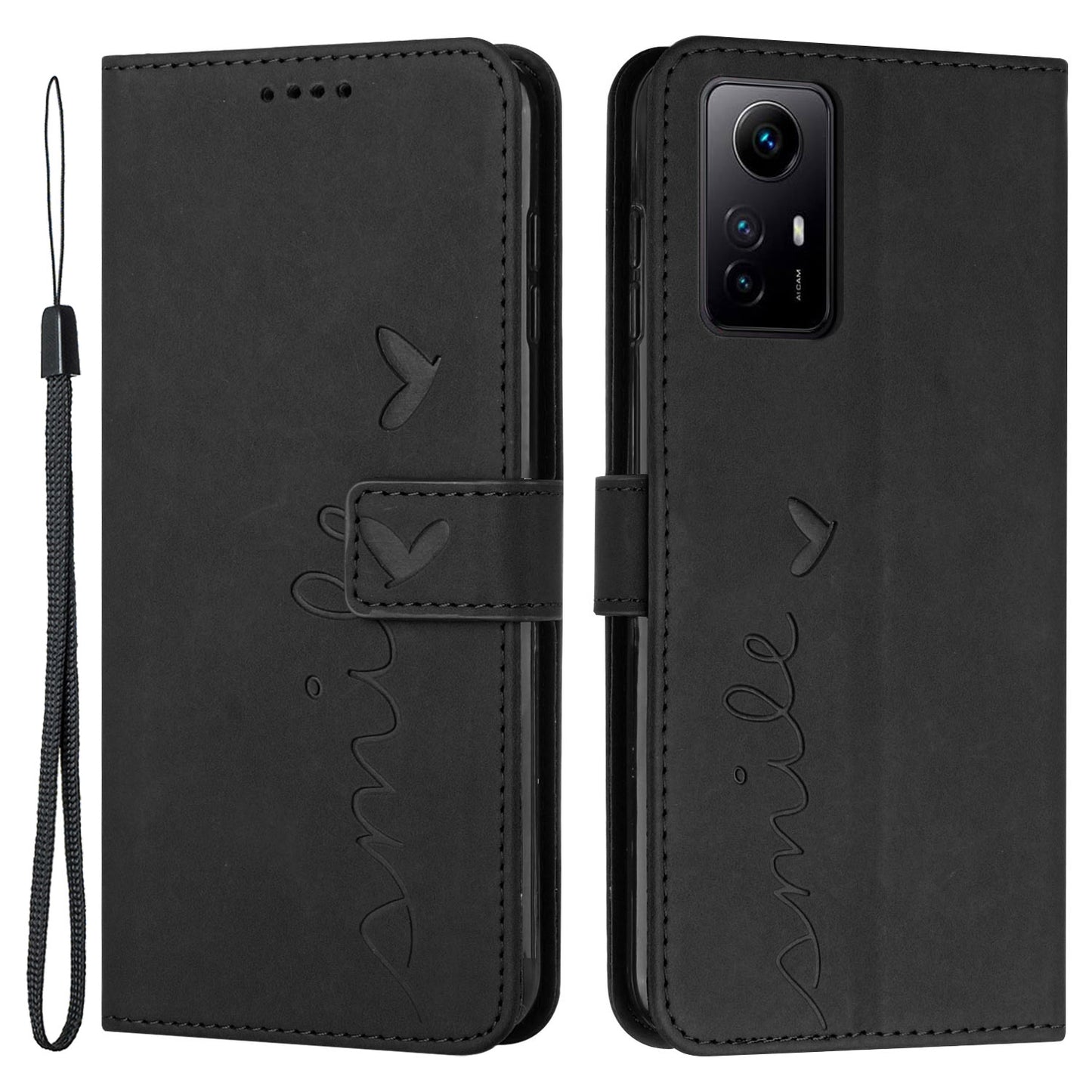 Uniqkart for Xiaomi Redmi Note 12S 4G Leather Phone Case Stand Imprinted Heart Wallet Skin-touch Cover - Black