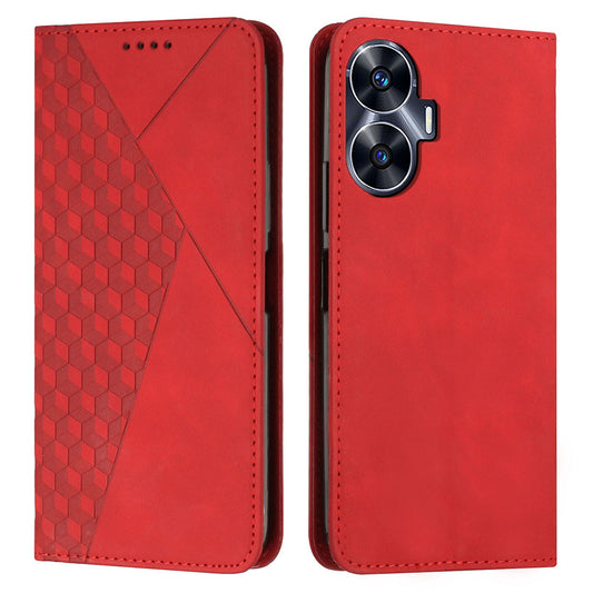 Uniqkart for Realme C55 Imprinted Rhombus Leather Case Phone Stand Wallet Fall-proof Cover - Red