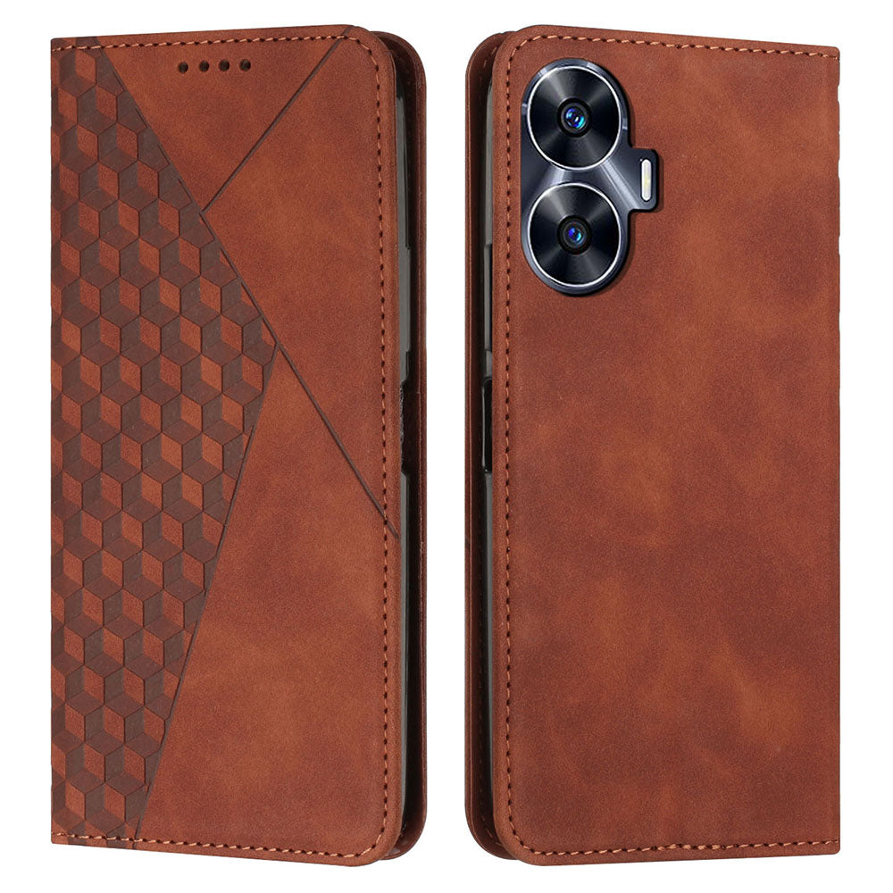 Uniqkart for Realme C55 Imprinted Rhombus Leather Case Phone Stand Wallet Fall-proof Cover - Brown
