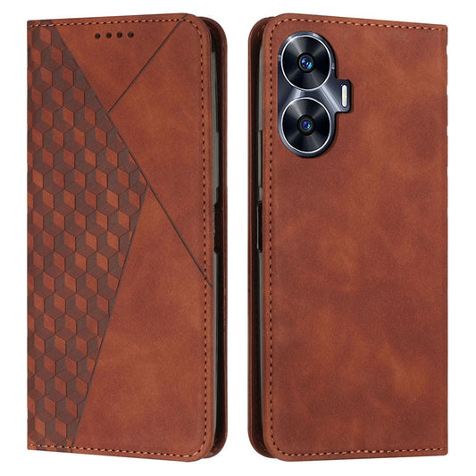 Uniqkart for Realme C55 Imprinted Rhombus Leather Case Phone Stand Wallet Fall-proof Cover - Brown