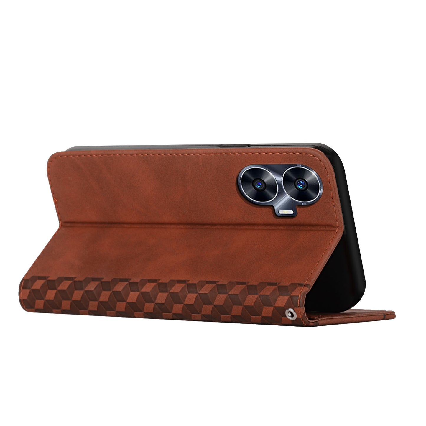 Uniqkart for Realme C55 Imprinted Rhombus Leather Case Phone Stand Wallet Fall-proof Cover - Brown