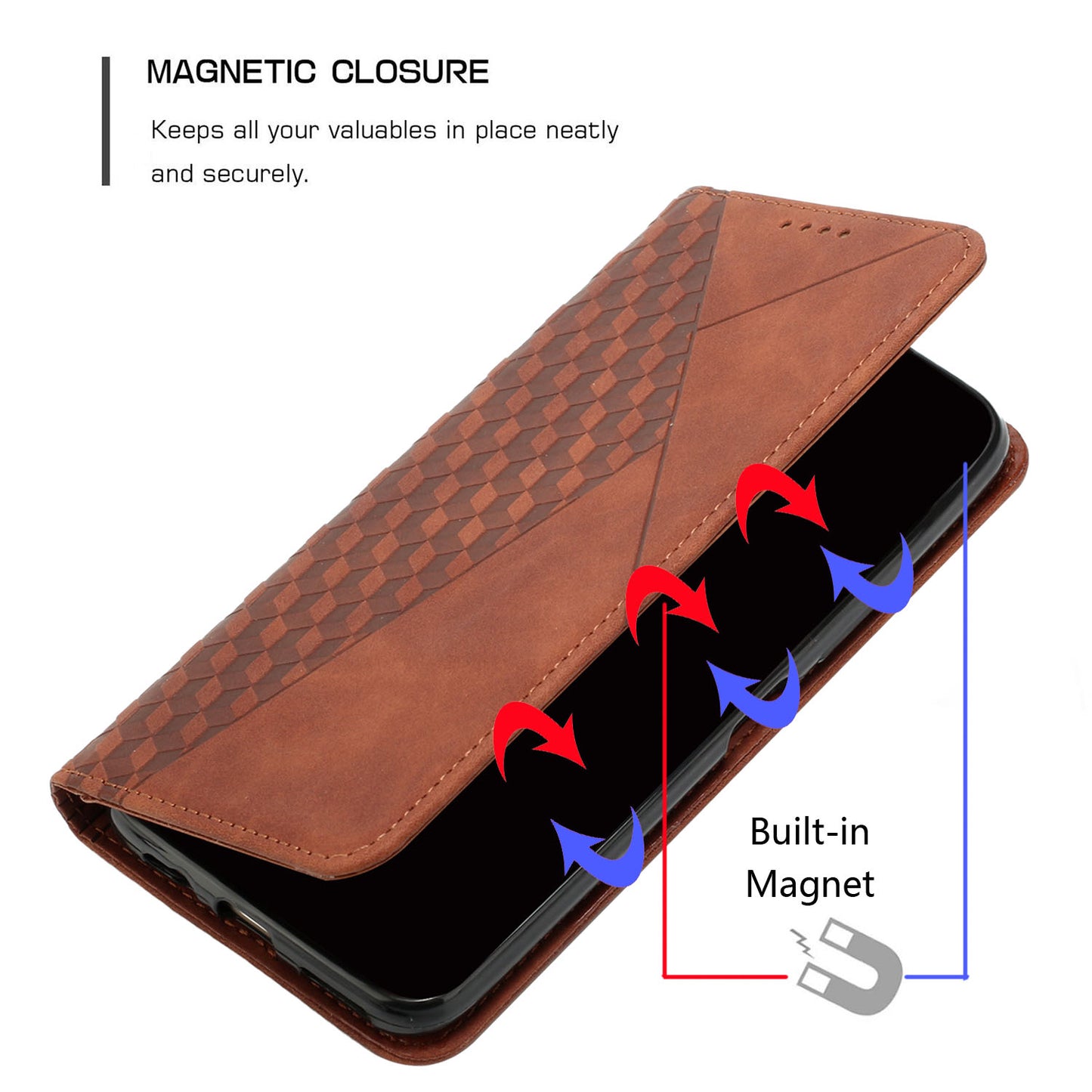 Uniqkart for Realme C55 Imprinted Rhombus Leather Case Phone Stand Wallet Fall-proof Cover - Brown
