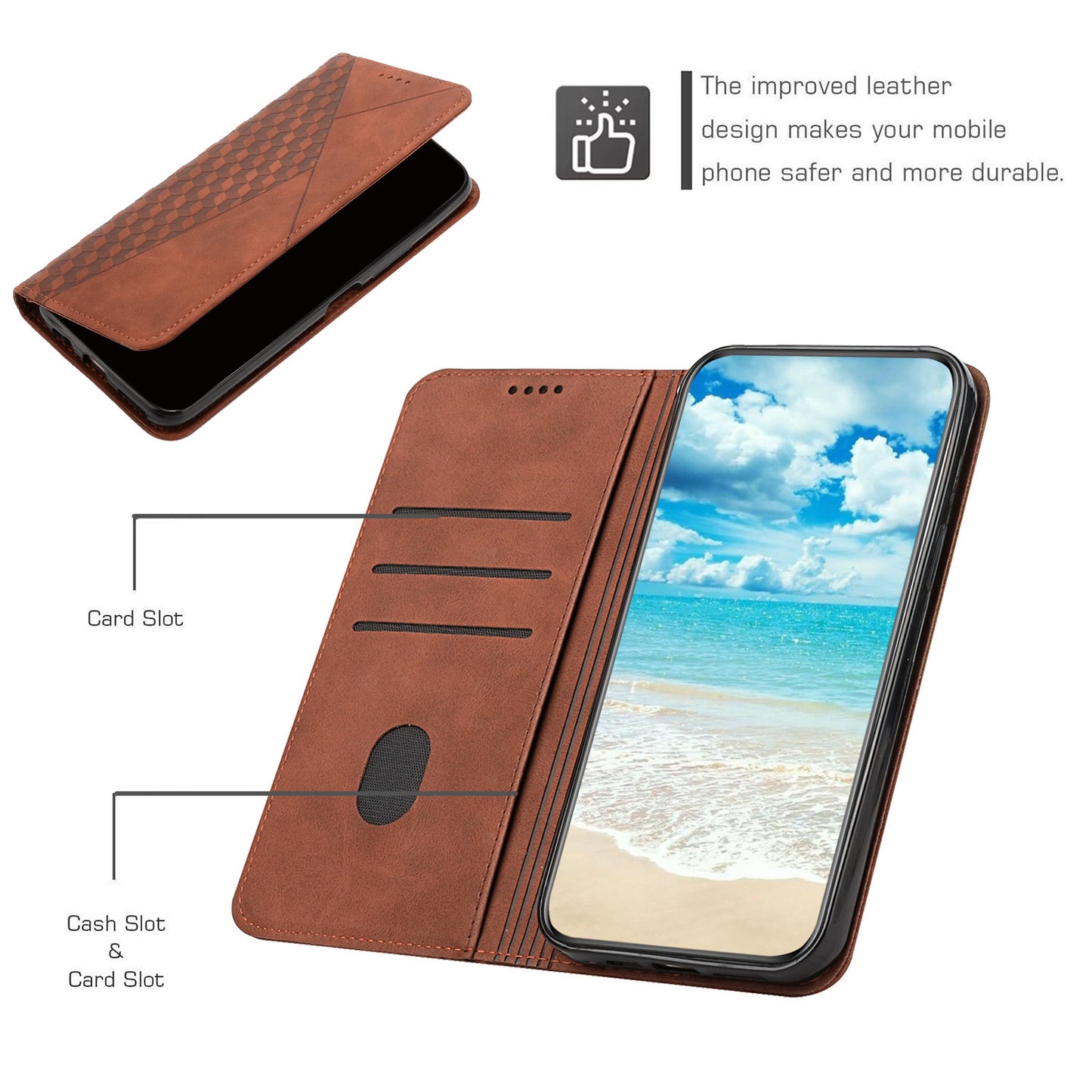 Uniqkart for Realme C55 Imprinted Rhombus Leather Case Phone Stand Wallet Fall-proof Cover - Brown