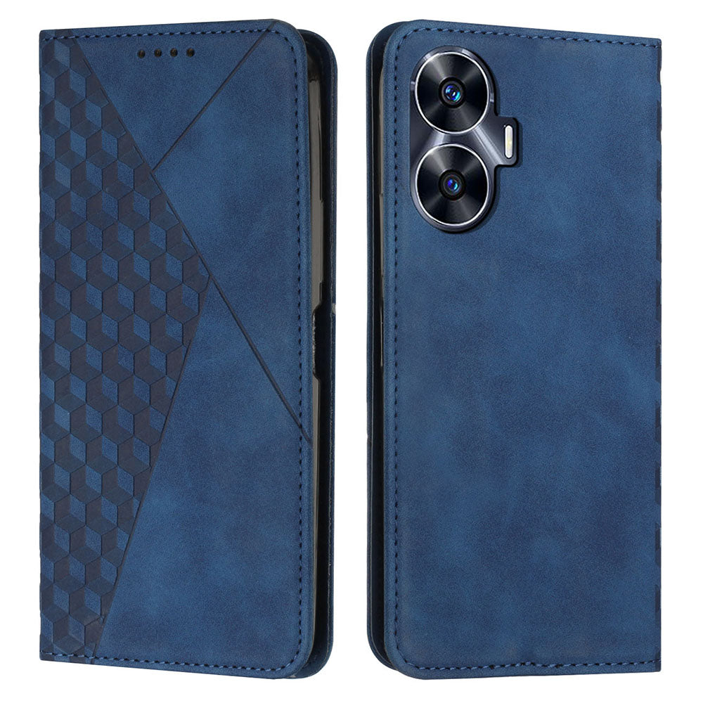 Uniqkart for Realme C55 Imprinted Rhombus Leather Case Phone Stand Wallet Fall-proof Cover - Sapphire