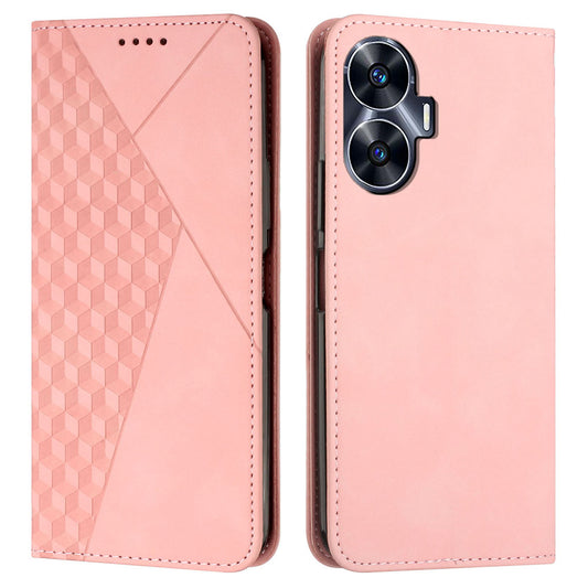 Uniqkart for Realme C55 Imprinted Rhombus Leather Case Phone Stand Wallet Fall-proof Cover - Rose Gold