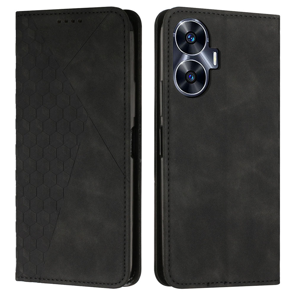 Uniqkart for Realme C55 Imprinted Rhombus Leather Case Phone Stand Wallet Fall-proof Cover - Black