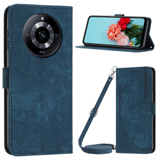 Leather Case for Realme 11 5G Lines Imprinted Foldable Stand Wallet Phone Cover with Shoulder Strap - Sapphire