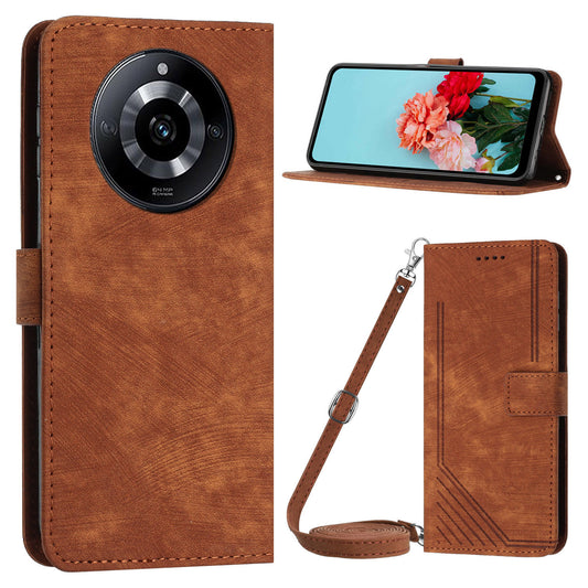 Leather Case for Realme 11 5G Lines Imprinted Foldable Stand Wallet Phone Cover with Shoulder Strap - Brown
