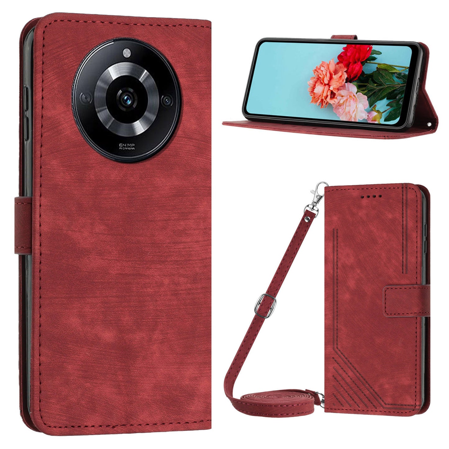 Leather Case for Realme 11 5G Lines Imprinted Foldable Stand Wallet Phone Cover with Shoulder Strap - Red
