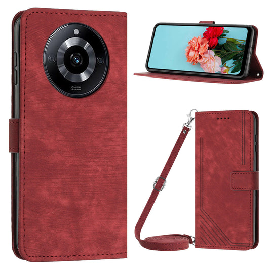 Leather Case for Realme 11 5G Lines Imprinted Foldable Stand Wallet Phone Cover with Shoulder Strap - Red