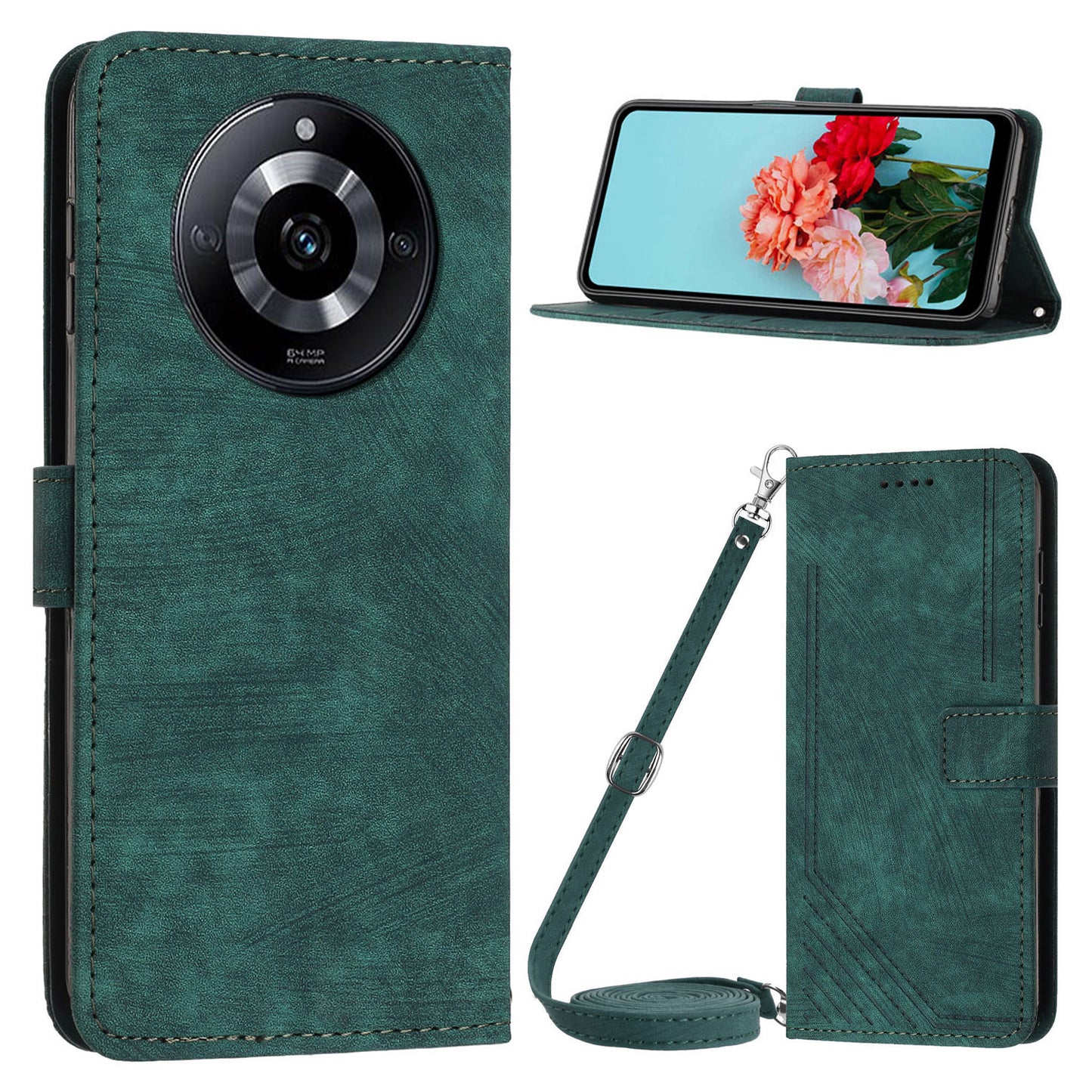 Leather Case for Realme 11 5G Lines Imprinted Foldable Stand Wallet Phone Cover with Shoulder Strap - Green