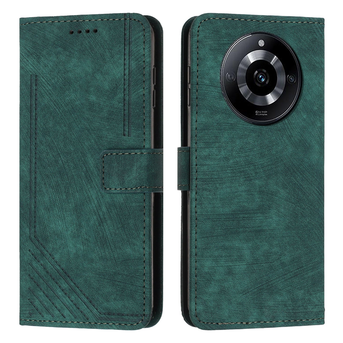 Leather Case for Realme 11 5G Lines Imprinted Foldable Stand Wallet Phone Cover with Shoulder Strap - Green