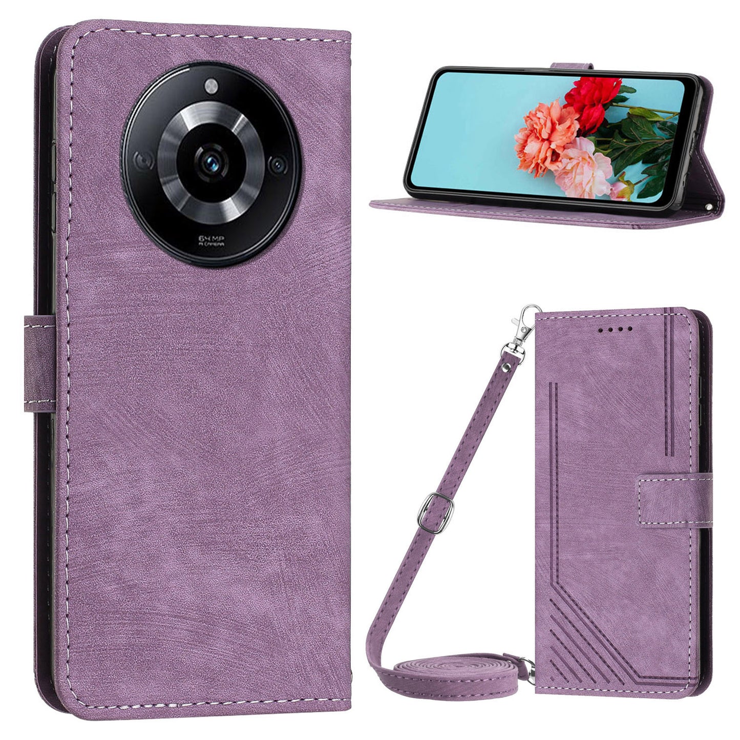 Leather Case for Realme 11 5G Lines Imprinted Foldable Stand Wallet Phone Cover with Shoulder Strap - Purple