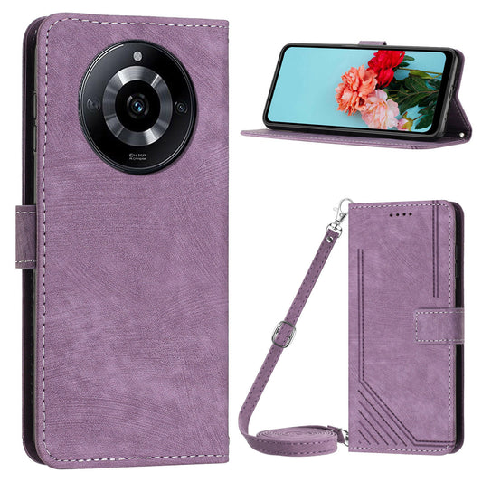 Leather Case for Realme 11 5G Lines Imprinted Foldable Stand Wallet Phone Cover with Shoulder Strap - Purple