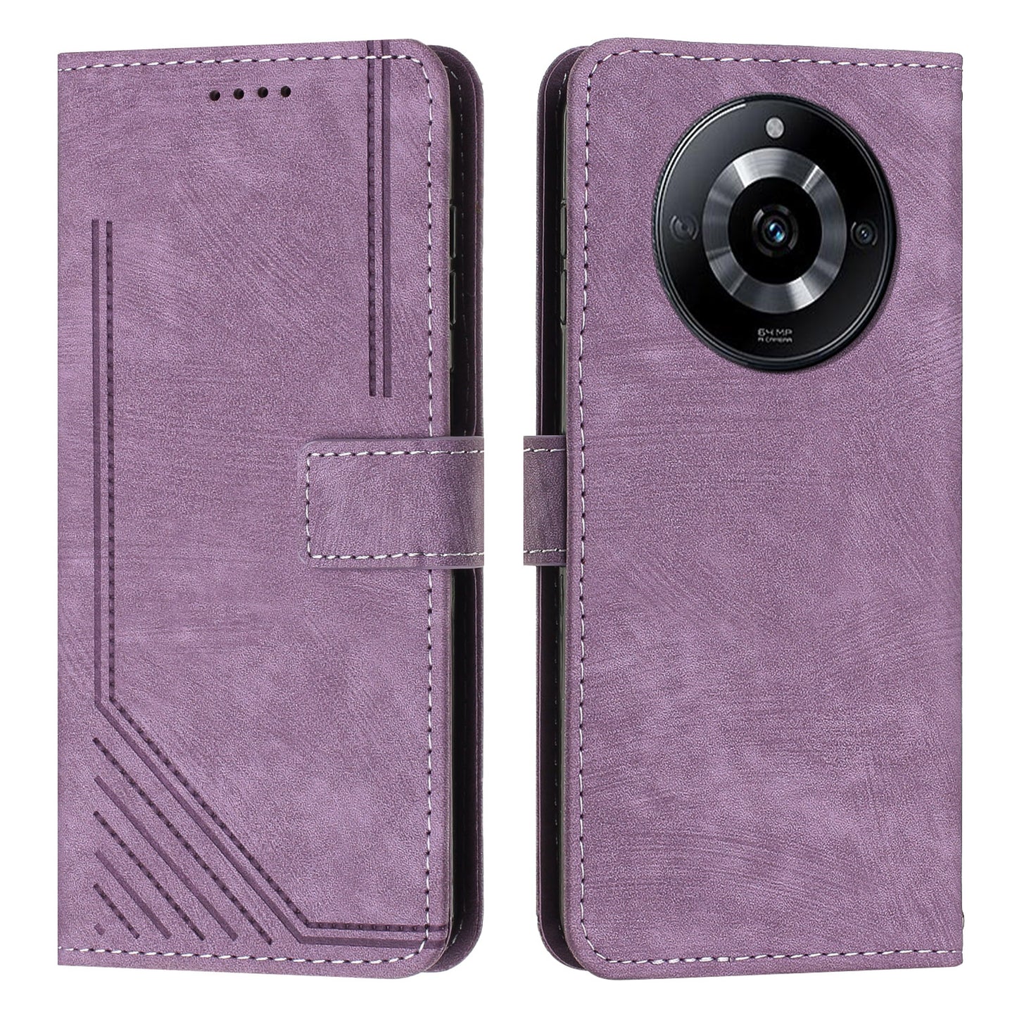 Leather Case for Realme 11 5G Lines Imprinted Foldable Stand Wallet Phone Cover with Shoulder Strap - Purple