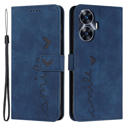 Leather Phone Case for Realme C55 Skin-touch Feeling Stand Imprinted Heart Wallet Phone Cover - Sapphire