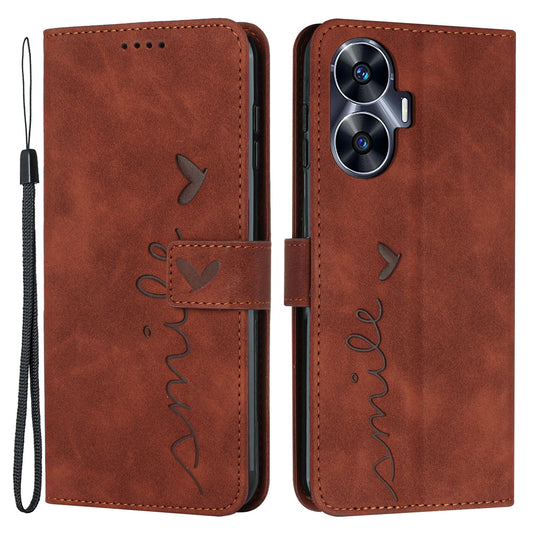 Leather Phone Case for Realme C55 Skin-touch Feeling Stand Imprinted Heart Wallet Phone Cover - Brown